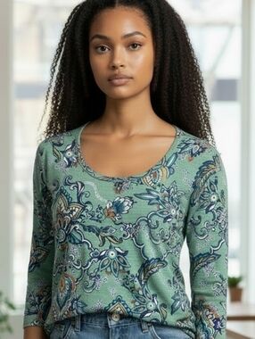 Chico's Mint Green Paisley Cotton, Scoop-Neck Three-quarter Sleeve Top